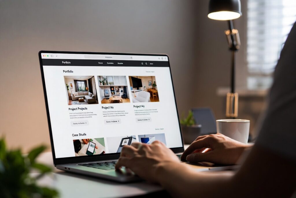 AI freelancing portfolio displayed on a laptop with portfolio projects and case studies