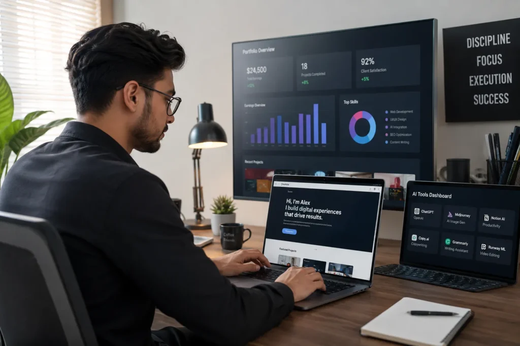 AI freelancer building a professional portfolio in a competitive 2026 market

