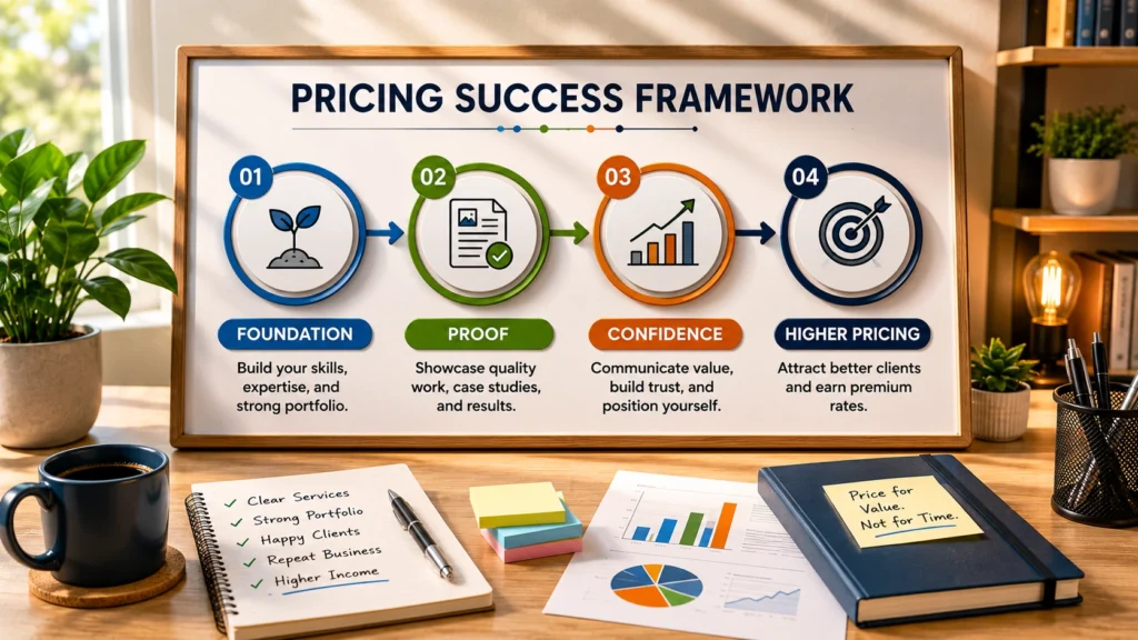 AI freelancing pricing framework showing the path from foundation to proof, confidence, and higher pricing