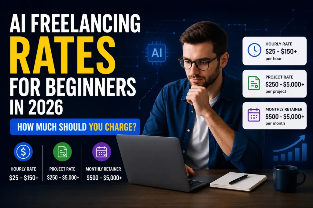 AI freelancing rates for beginners in 2026 showing hourly and project pricing guide