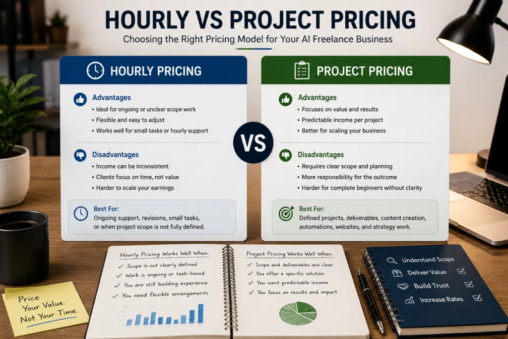 Comparison of hourly pricing and project pricing for AI freelancers in 2026