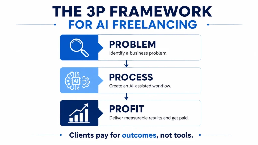 The 3P framework for AI freelancing showing problem identification, workflow creation, and profit generation.