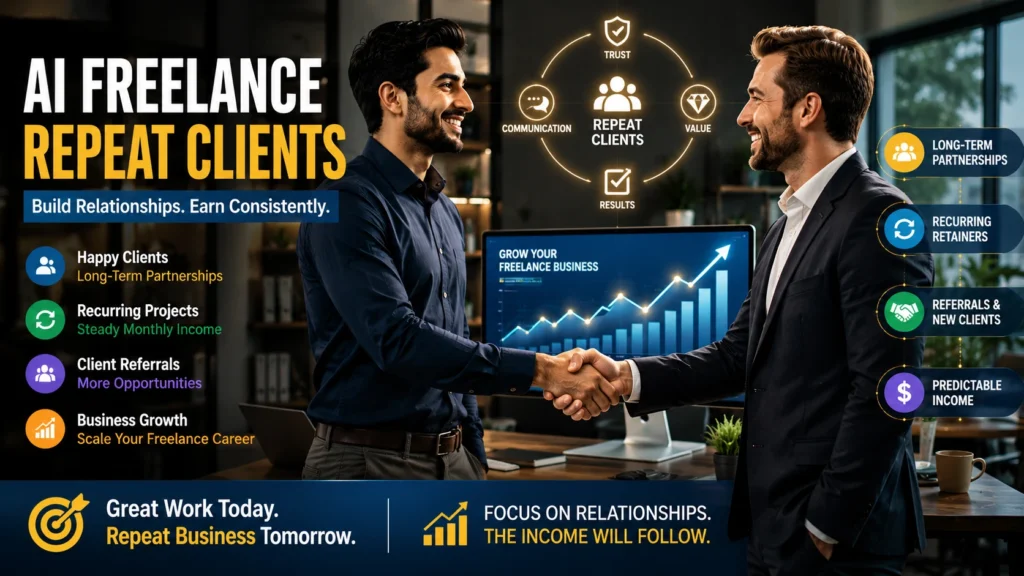 Feature image showing AI freelance repeat clients through long-term partnerships, recurring retainers, and business growth
