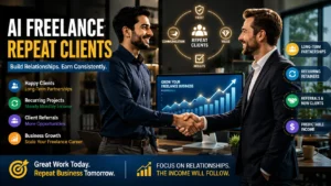 Feature image showing AI freelance repeat clients through long-term partnerships, recurring retainers, and business growth