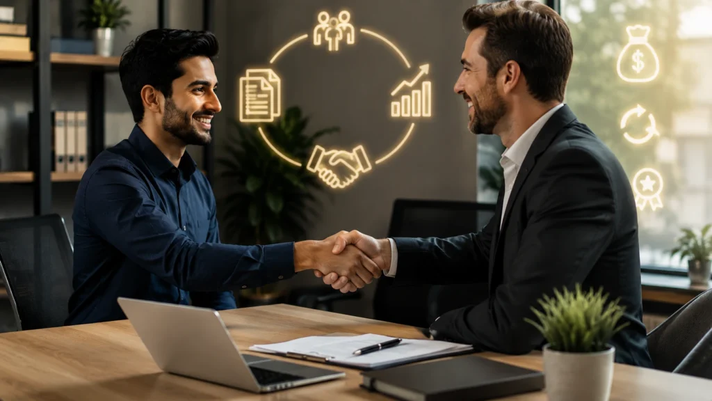 AI freelancer shaking hands with a satisfied business client after completing a successful project and building AI freelance repeat clients