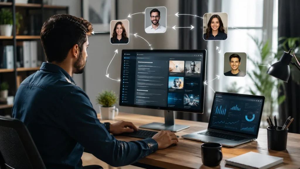 AI freelancer reviewing client projects while building AI freelance repeat clients through professional workflows