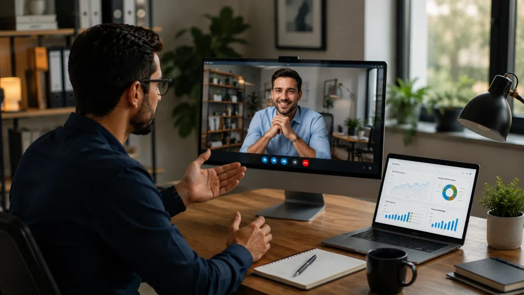 Virtual client meeting showing how AI freelance repeat clients are built through professional communication and project reporting