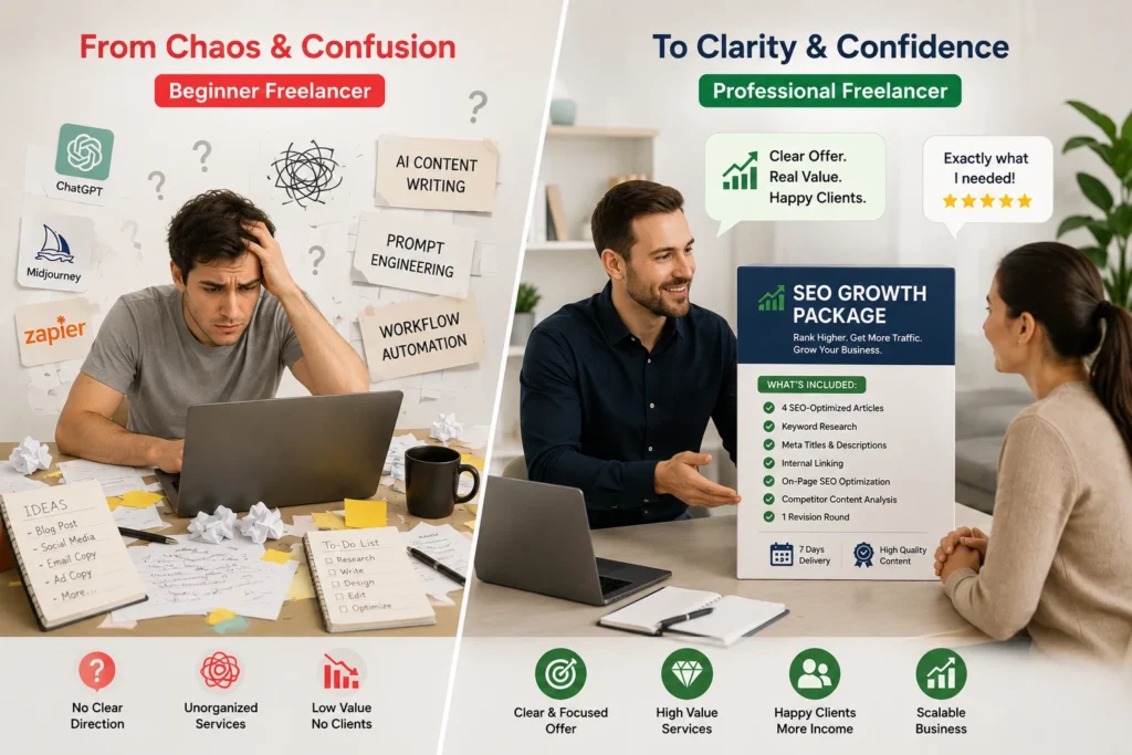 AI freelance services packaging example: chaotic individual tools on the left vs clean outcome-based packages like SEO Growth Package on the right