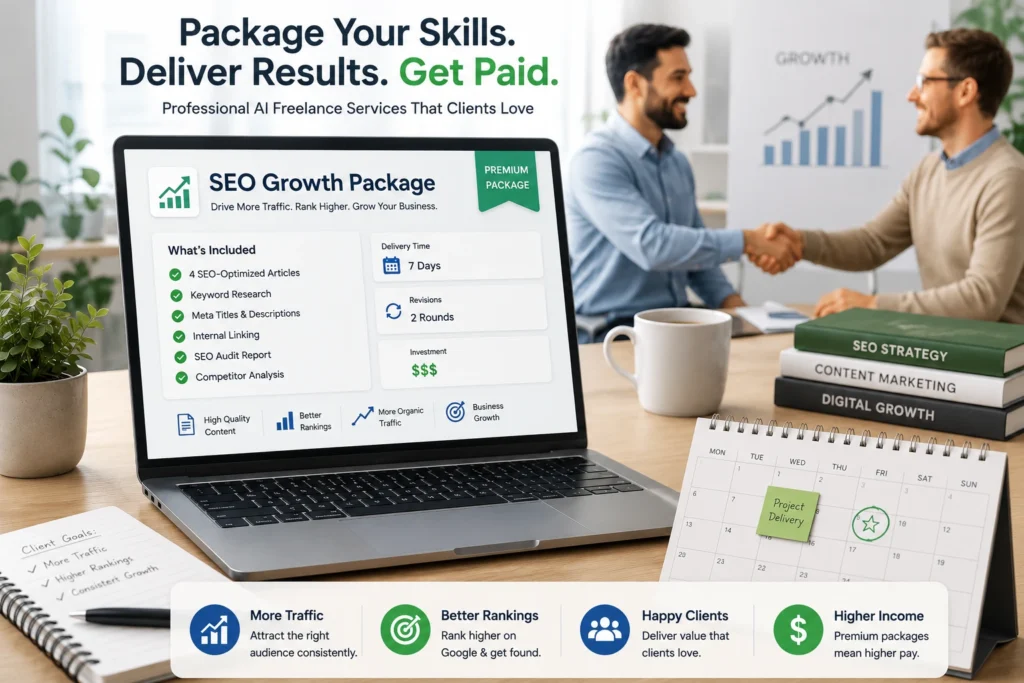 Professional example of properly packaged AI freelance services in 2026 showing a clean SEO Growth Package with clear deliverables and client success