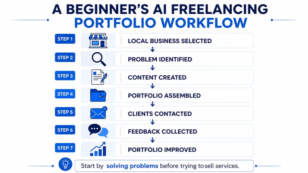 AI freelancing portfolio workflow showing how beginners can create portfolio projects, contact clients, gather feedback, and improve their services.