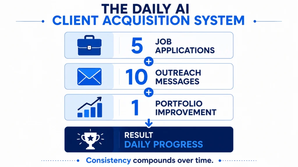 An infographic illustrating a daily AI freelancing workflow consisting of job applications, outreach messages, portfolio improvements, and steady client acquisition.