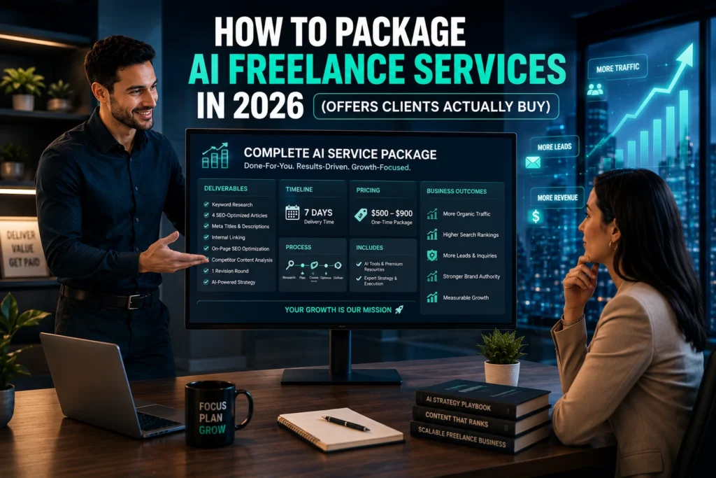 Professional presenting how to package AI freelance services to a business client using structured service offers