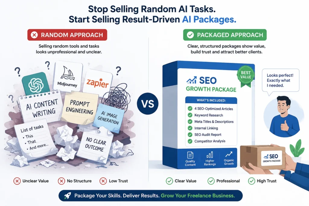 Comparison showing how to package AI freelance services into professional client-ready offers