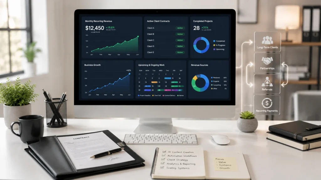 Business dashboard showing how to scale an AI freelancing business with recurring clients, organized systems, and predictable monthly revenue
