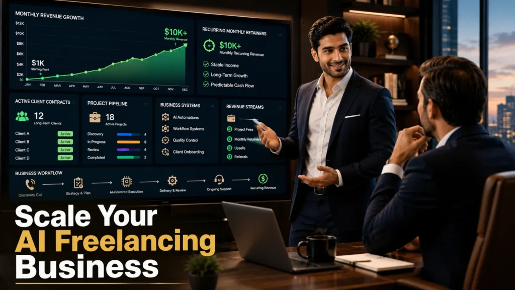 Business dashboard showing recurring revenue, active client contracts, completed projects, and business growth to scale an AI freelancing business.