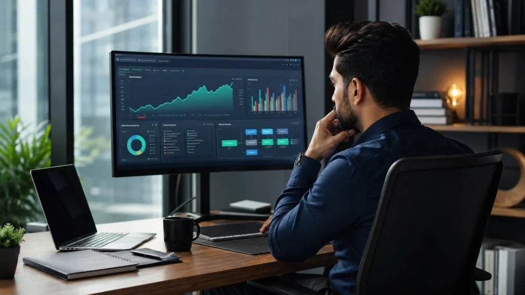 Business dashboard showing systems and workflows to scale an AI freelancing business with recurring revenue and organized client management