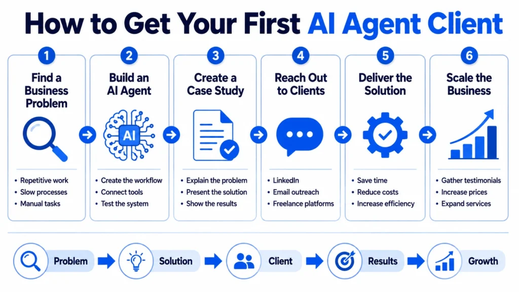 AI client acquisition workflow infographic showing the process of identifying business problems, building AI agents, finding clients, delivering results, and scaling an AI business.