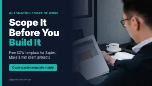 Automation scope of work template cover: a man in an office reviewing a printed workflow document next to his laptop, with the headline Scope It Before You Build It