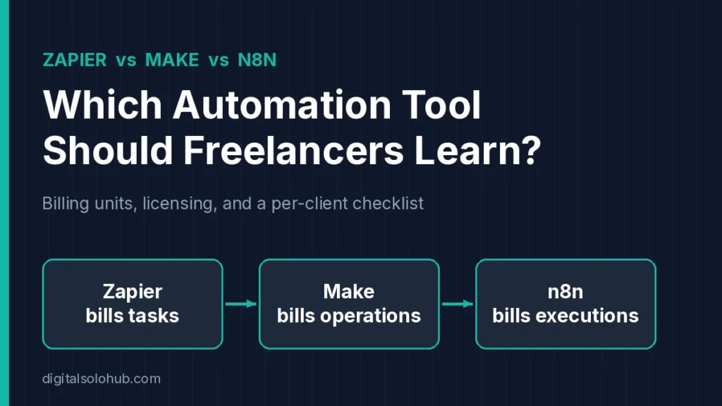 Zapier vs Make vs n8n comparison cover showing that Zapier bills tasks, Make bills operations, and n8n bills executions